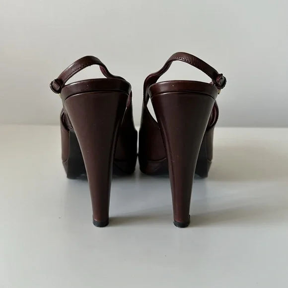 Prada Brown Leather Platform Slingback Heels - Picture 3 of 7